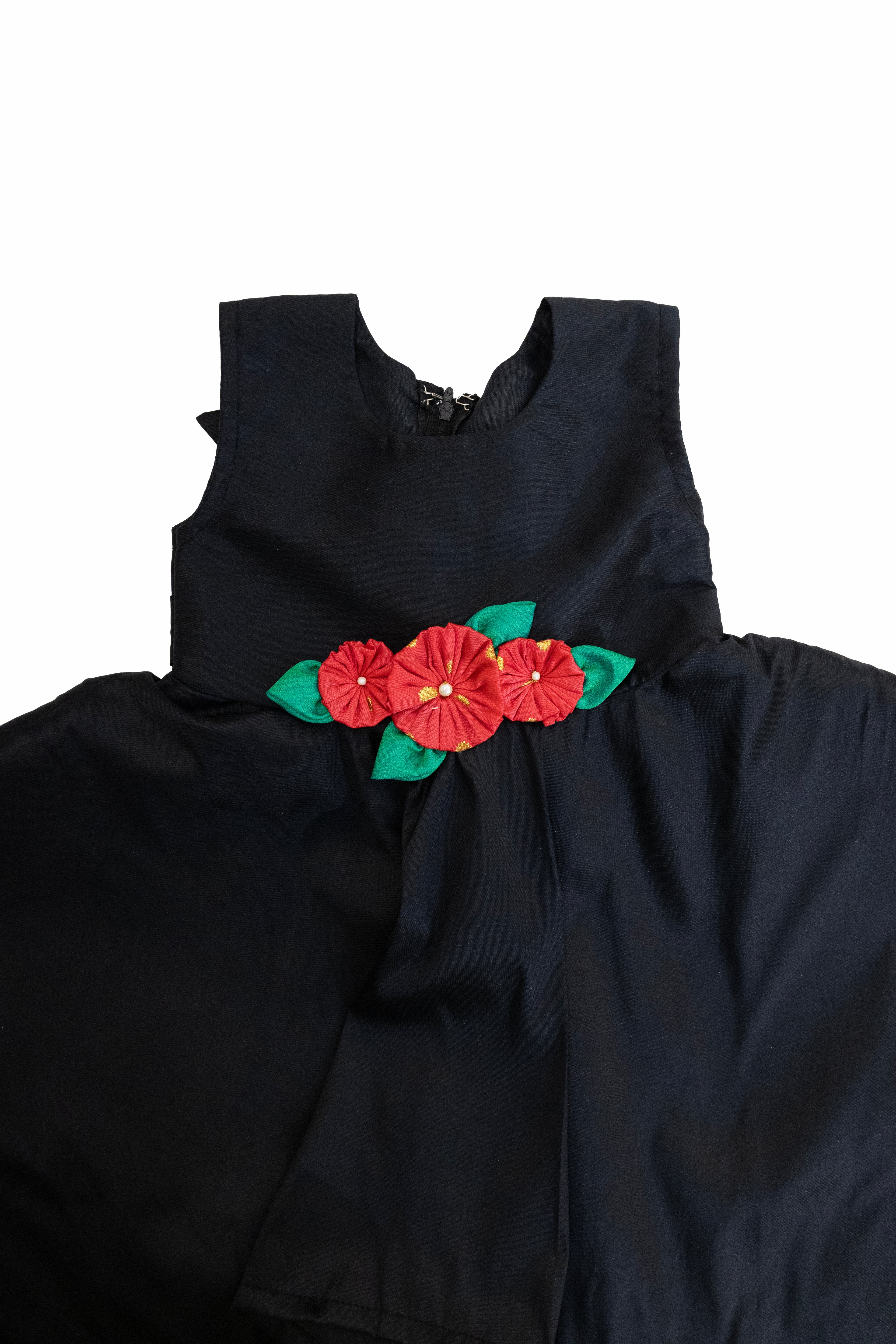 Black Taffeta silk kite dress with handmade pink fabric flowers motif for Girls