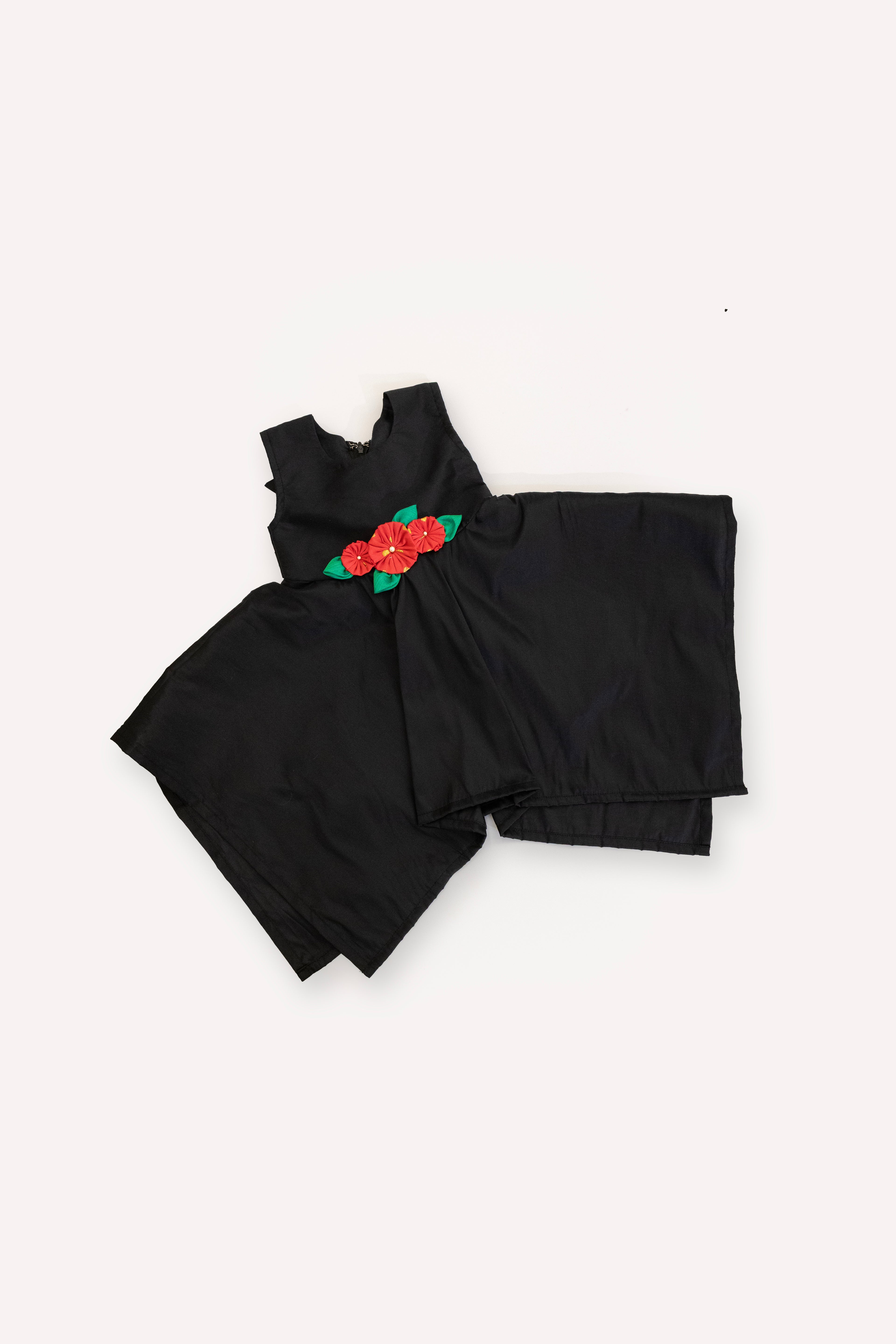 Black Taffeta silk kite dress with handmade pink fabric flowers motif for Girls