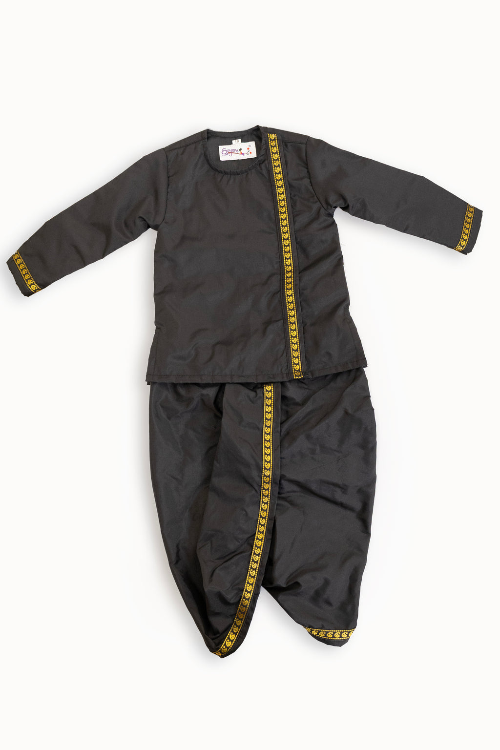 Plain black pooja silk front open kurta with plain black dhoti for boys