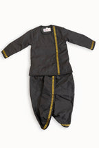 Plain black pooja silk front open kurta with plain black dhoti for boys