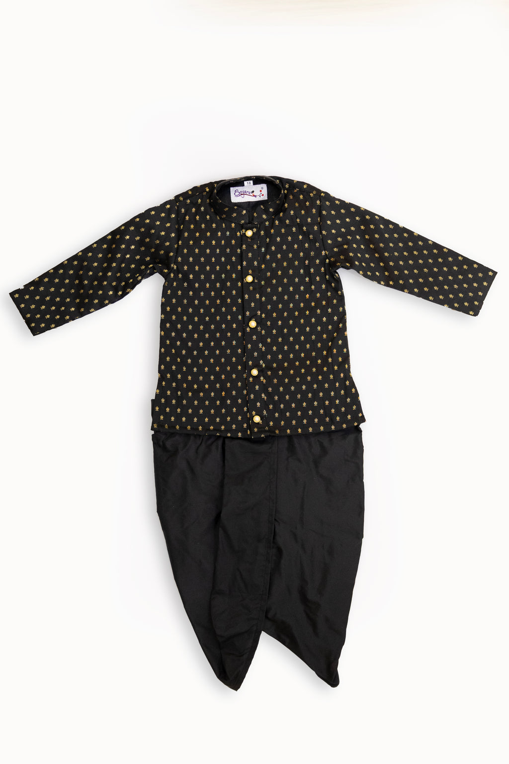 Black soft brocade silk front open kurta with pearl buttons and plain black pooja silk dhoti for boys