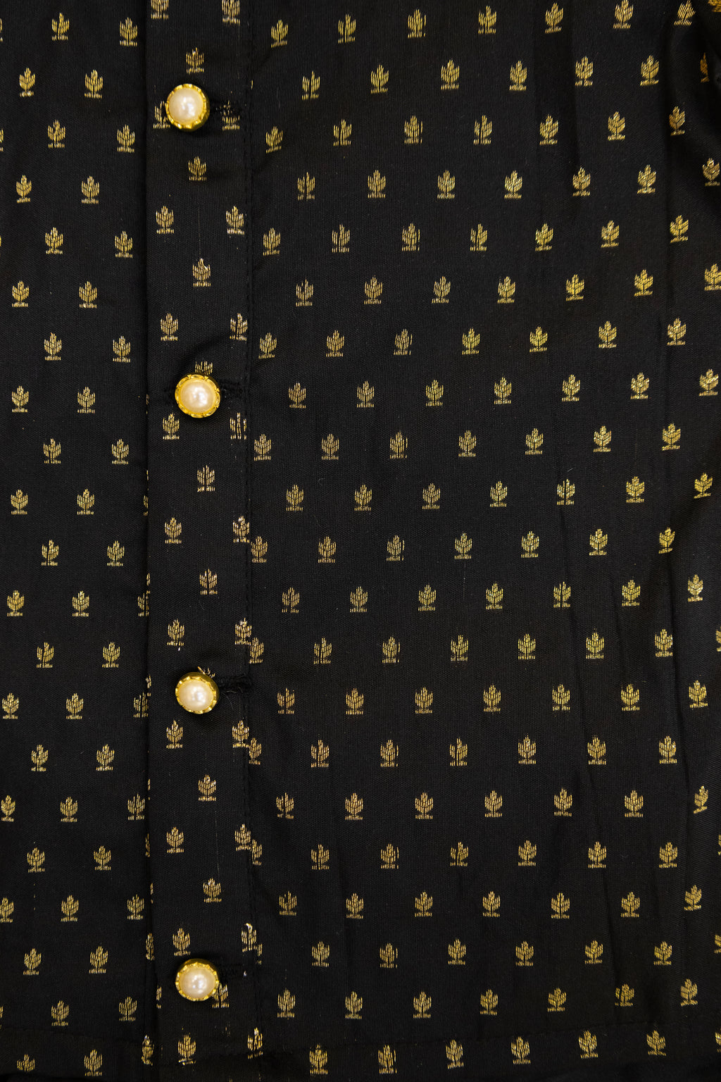 Black soft brocade silk front open kurta with pearl buttons and plain black pooja silk dhoti for boys