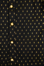 Black soft brocade silk front open kurta with pearl buttons and plain black pooja silk dhoti for boys