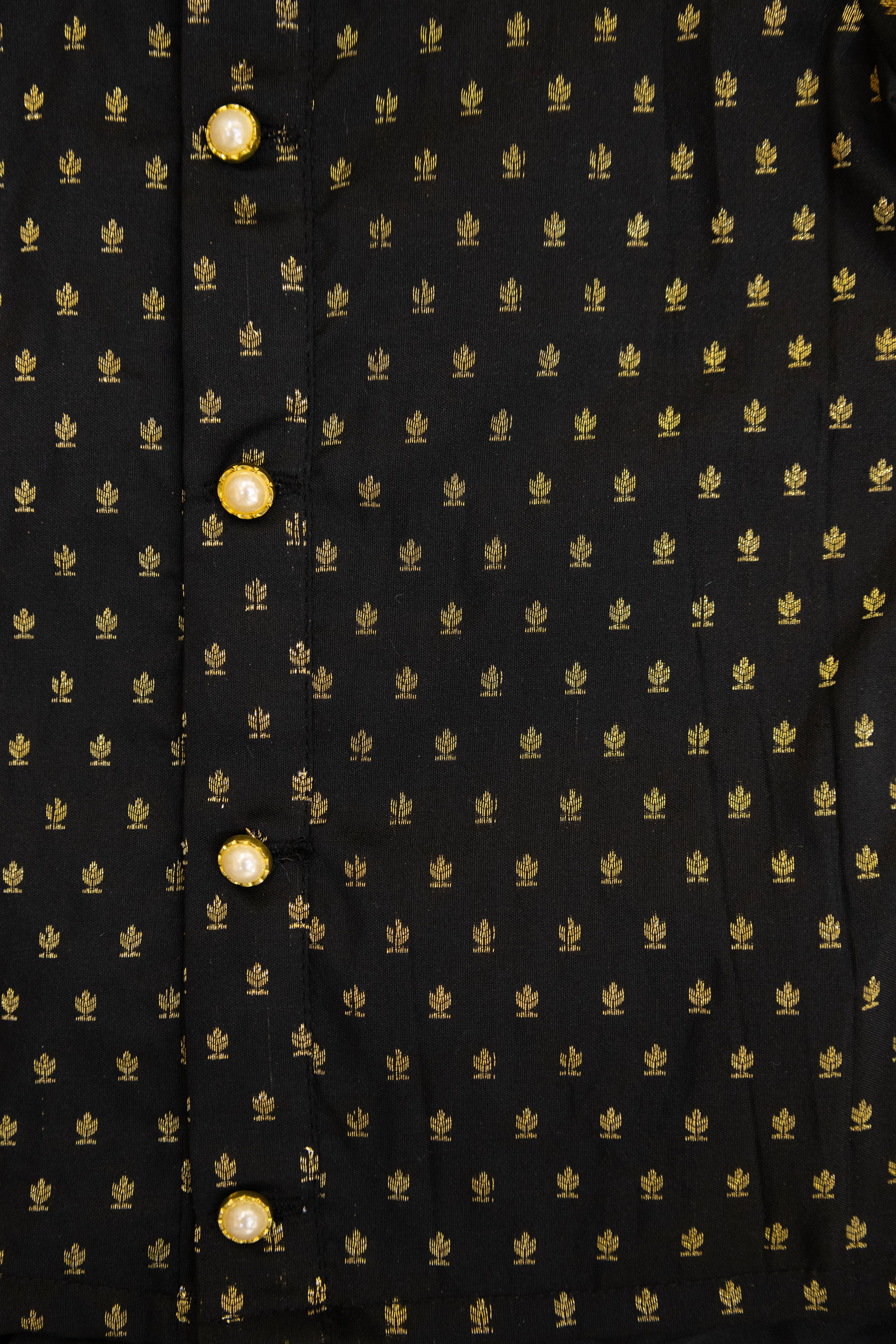 Black soft brocade silk front open kurta with pearl buttons and plain black pooja silk dhoti for boys