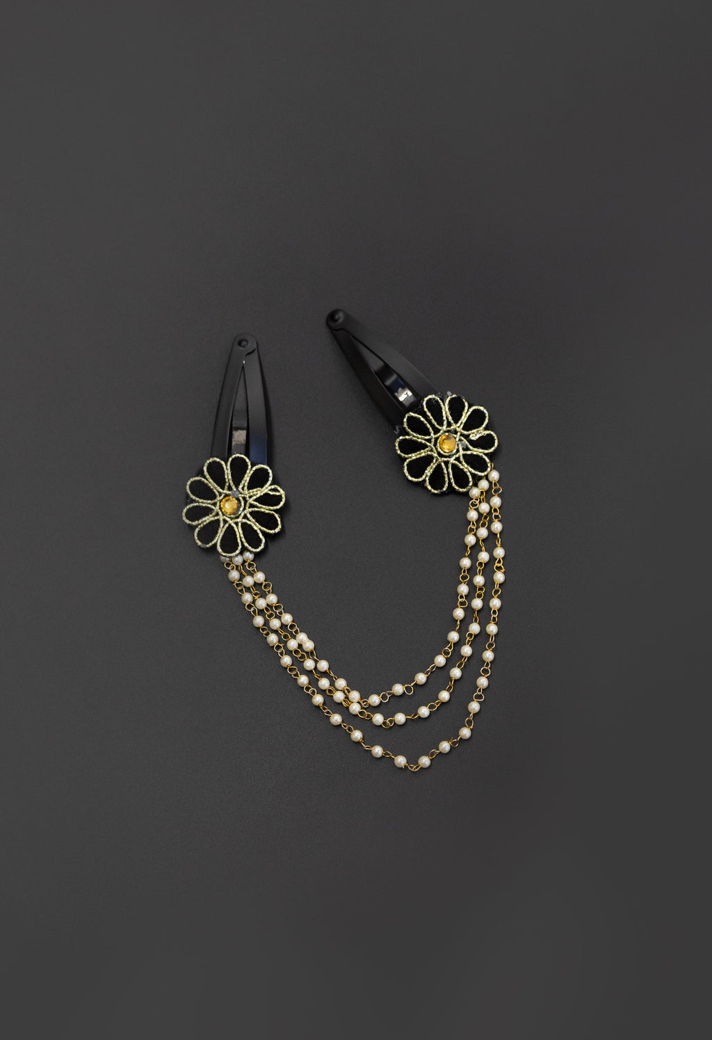 Triveni - Black two flowers triple layer Pearl chain Hair clips for Girls