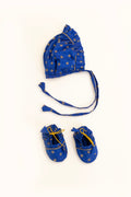 Blue Newborn Unisex Brocade Silk Bonnet & Booties Set