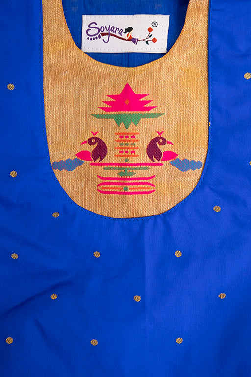 Rajas Set - Royal Blue brocade Angarakha kurta with intricate Peacock Paithani yoke teamed with golden pooja silk dhoti for newborn baby boy