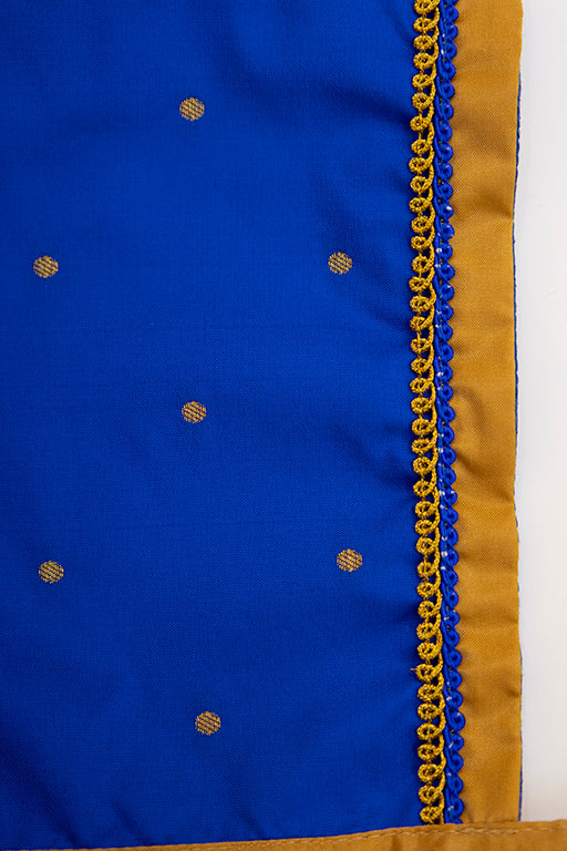 Rajas Set - Royal Blue brocade Angarakha kurta with intricate Peacock Paithani yoke teamed with golden pooja silk dhoti for newborn baby boy