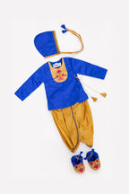 Rajas Set - Royal Blue brocade Angarakha kurta with intricate Peacock Paithani yoke teamed with golden pooja silk dhoti for newborn baby boy