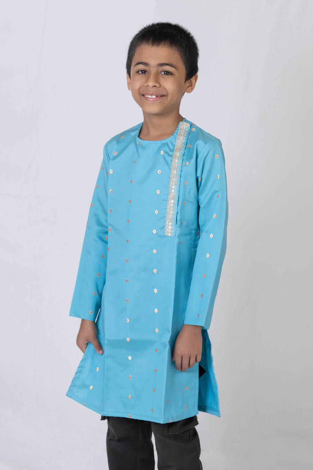 Sky Blue taffeta silk side placket kurta with sequined lace embellishment for Boys