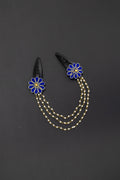 Triveni - Royal Blue two flowers triple layer Pearl chain Hair clips for Girls