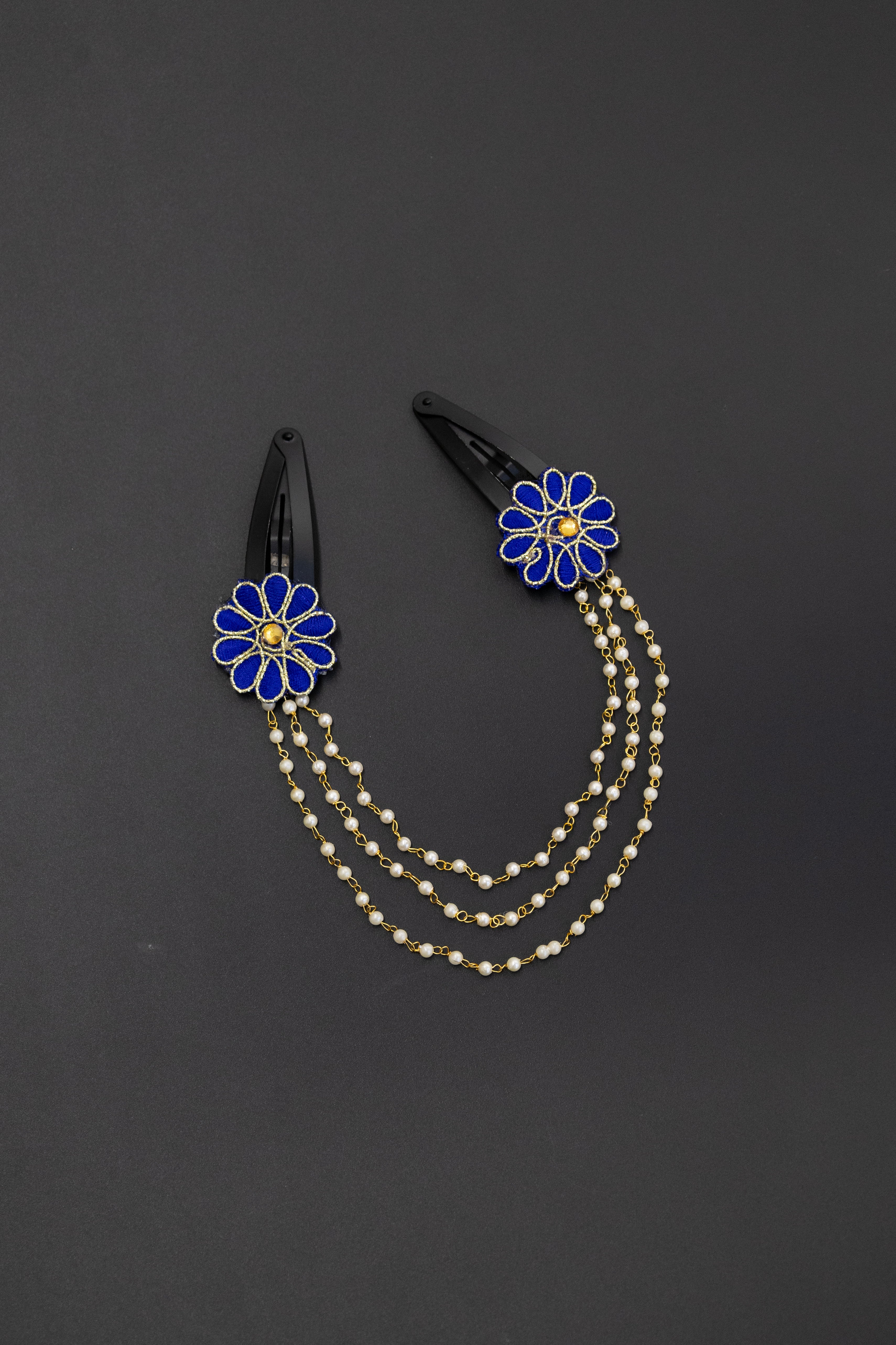 Triveni - Royal Blue two flowers triple layer Pearl chain Hair clips for Girls