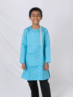 Sky Blue taffeta silk side placket kurta with sequined lace embellishment for Boys