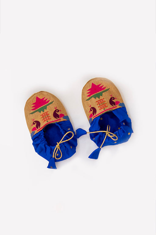 Rajas Set - Royal Blue brocade Angarakha kurta with intricate Peacock Paithani yoke teamed with golden pooja silk dhoti for newborn baby boy