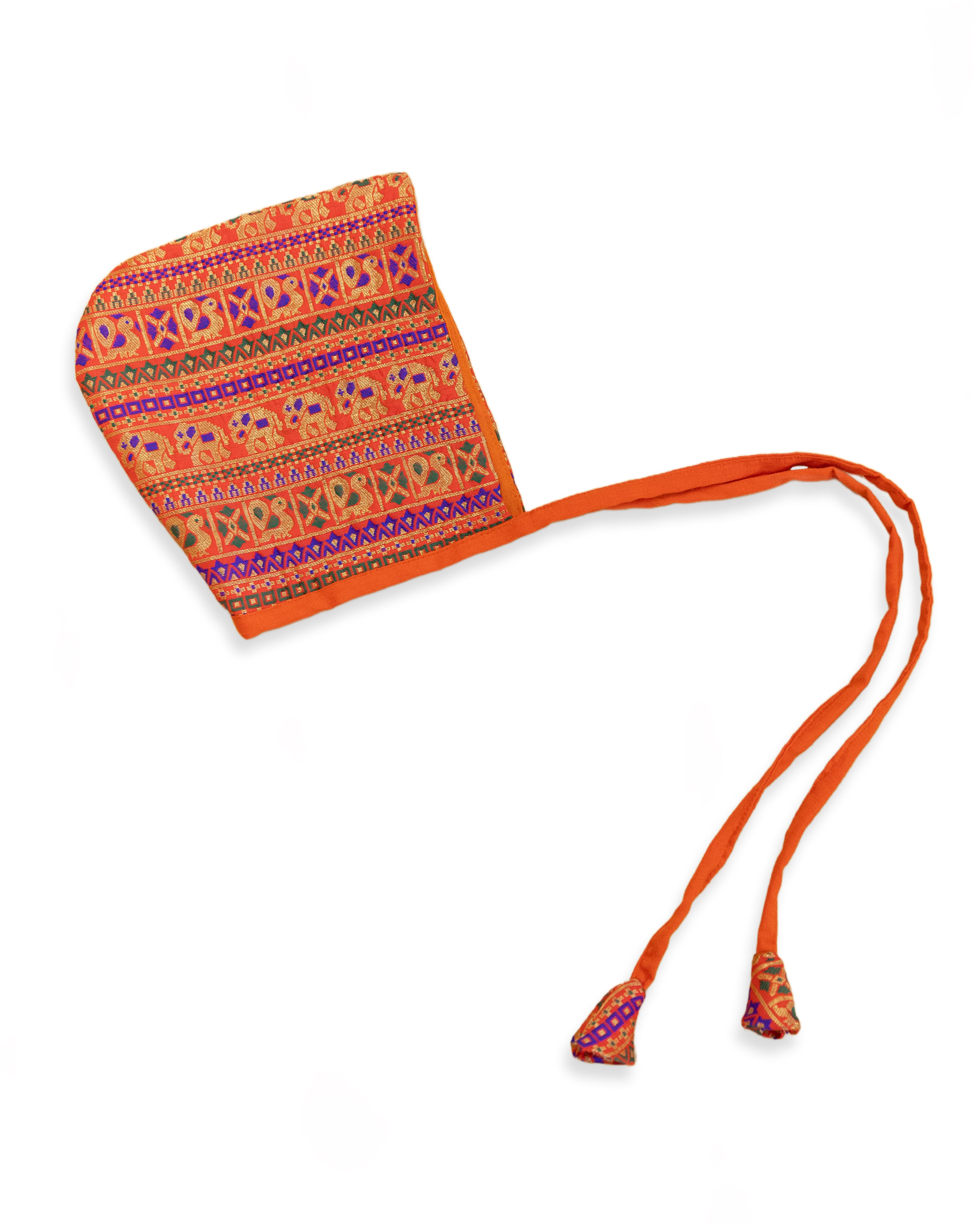 Orange Premium Banarasi Brocade Bonnet &nbsp;/ Topade / Topi/ Baby Cap for New Born. A baby bonnet is a charming and timeless accessory designed to protect a baby's head. This Golden Banaras Brocade SIlk Brocade is a generic addition your newborn baby's wardrobe which can be teamed with any traditional attire.&nbsp;&nbsp;