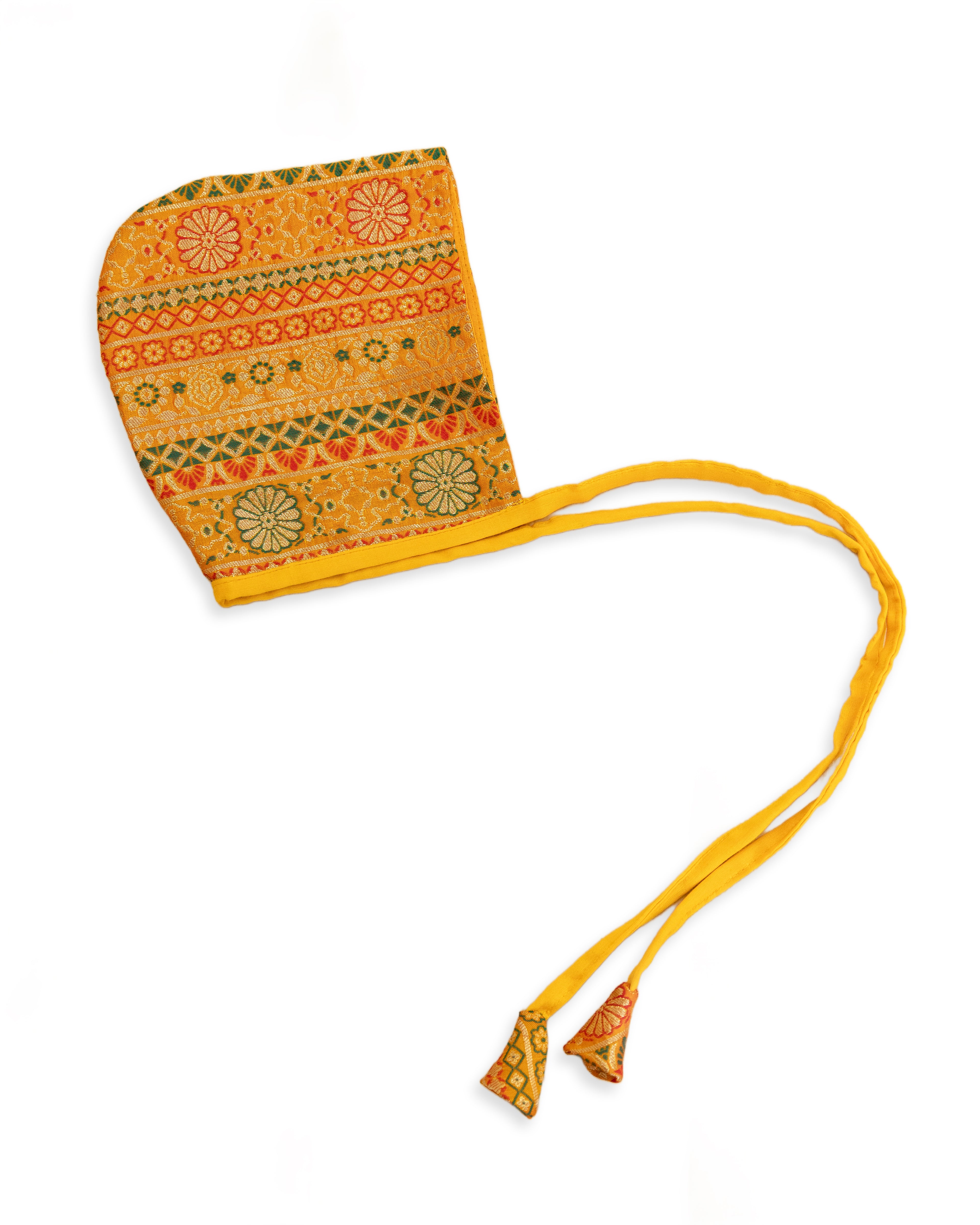 Yellow Premium Banarasi Brocade Bonnet &nbsp;/ Topade / Topi/ Baby Cap for New Born. A baby bonnet is a charming and timeless accessory designed to protect a baby's head. This Golden Banaras Brocade SIlk Brocade is a generic addition your newborn baby's wardrobe which can be teamed with any traditional attire.&nbsp;&nbsp;