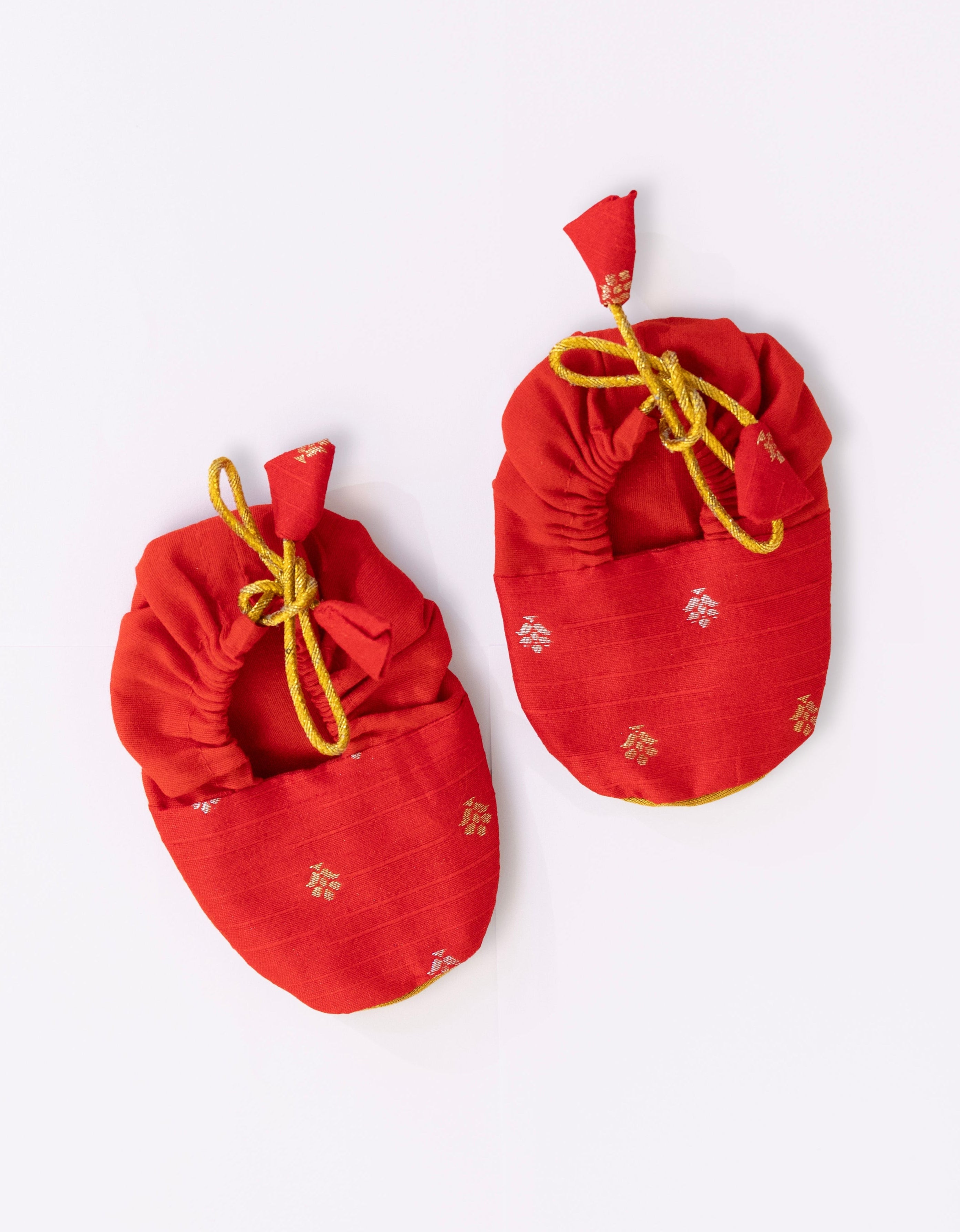 Red unisex raw silk booties for newborn baby