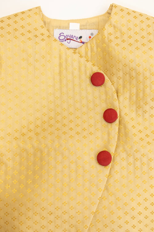 Alok set - Golden beige pure handloom banaras silk front open kurta and dhoti with accessories set for baby boy.