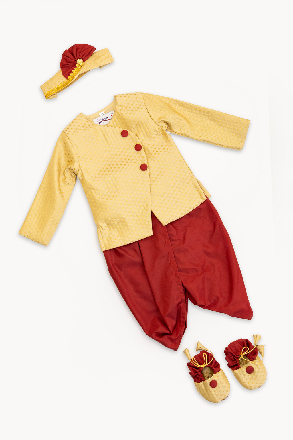 Alok set - Golden beige pure handloom banaras silk front open kurta and dhoti with accessories set for baby boy.