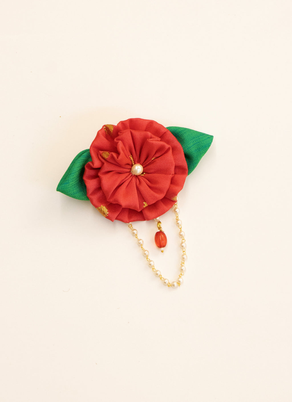 Handmade two layered fabric flower , pearls embellished brooch for kurta