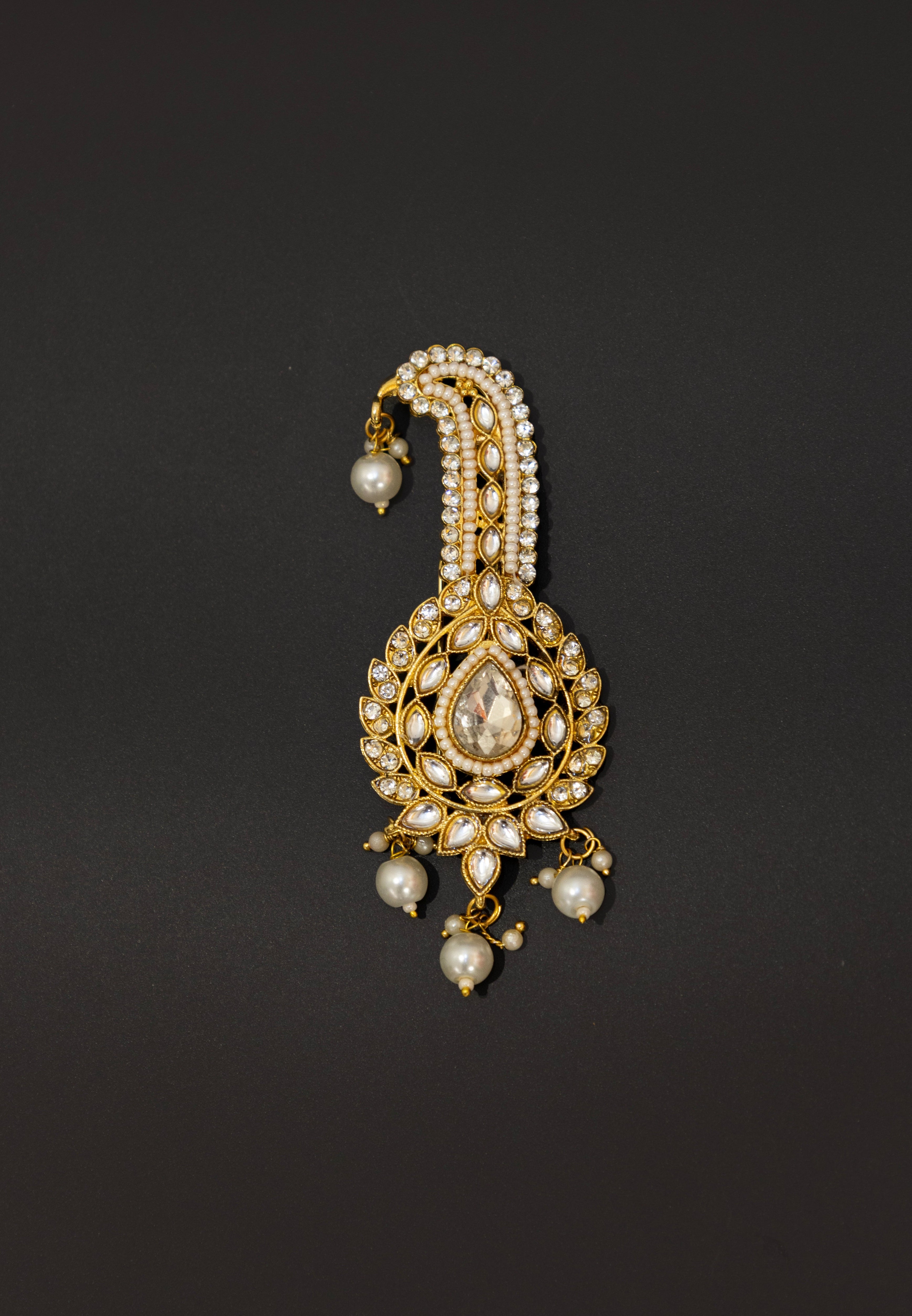 White stones and Kundan studed Golden finish pagadi brooch with pearls for Batu\Groom