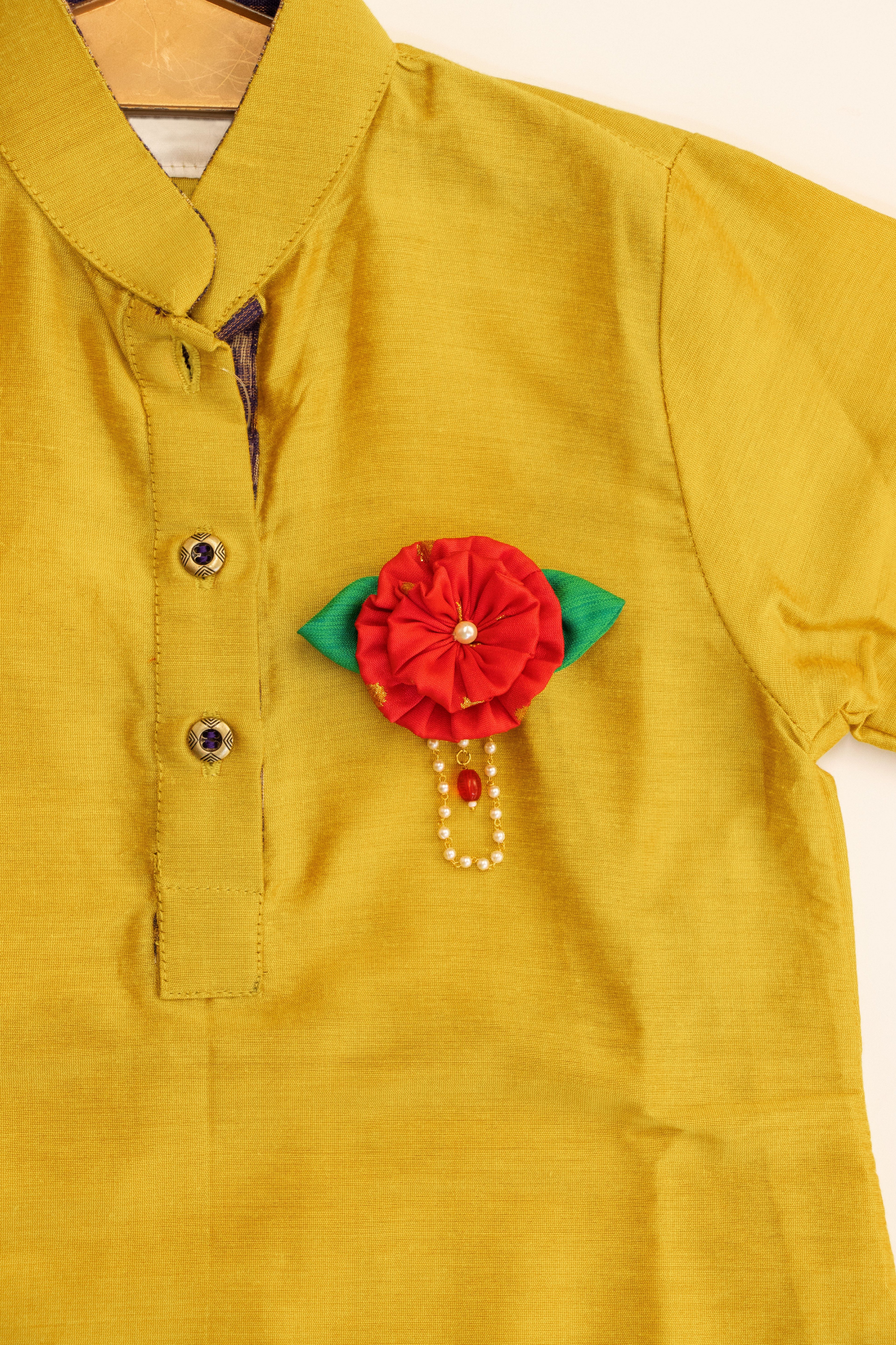 Handmade two layered fabric flower , pearls embellished brooch for kurta