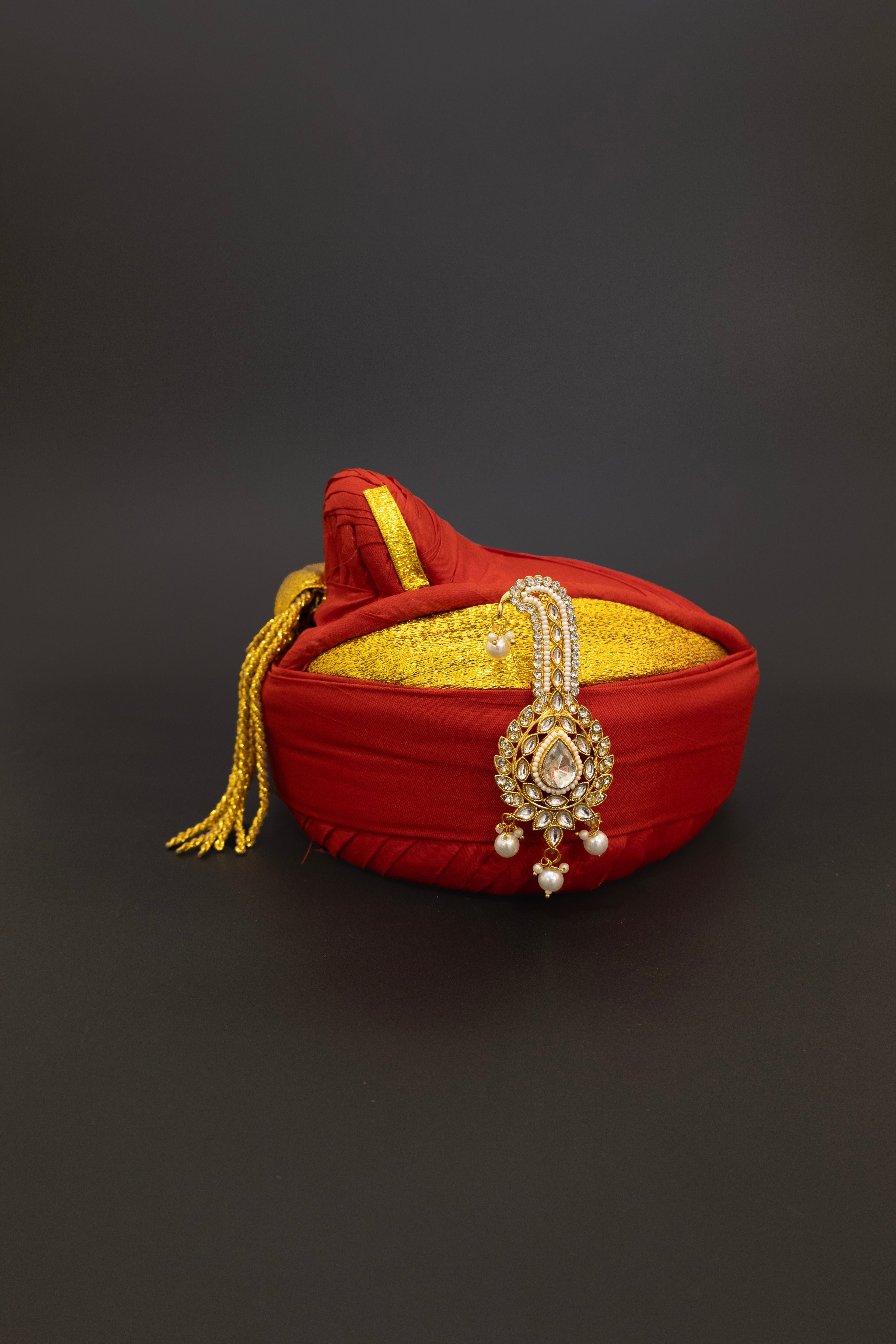 White stones and Kundan studed Golden finish pagadi brooch with pearls for Batu\Groom