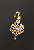 White stones and jadau kundan pagadi brooch with Light golden beads for Batu\Groom