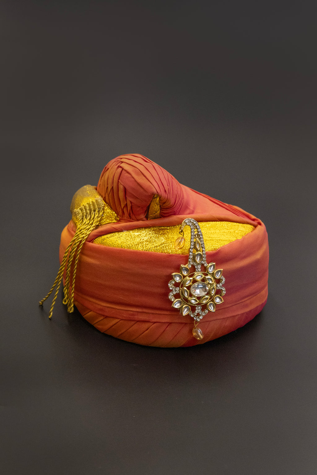 White stones and jadau kundan pagadi brooch with Light golden beads for Batu\Groom
