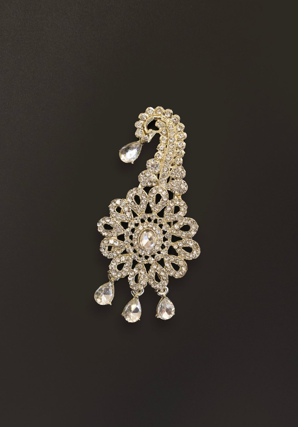 White stones studed silver finish pagadi brooch with white stones for Batu\Groom