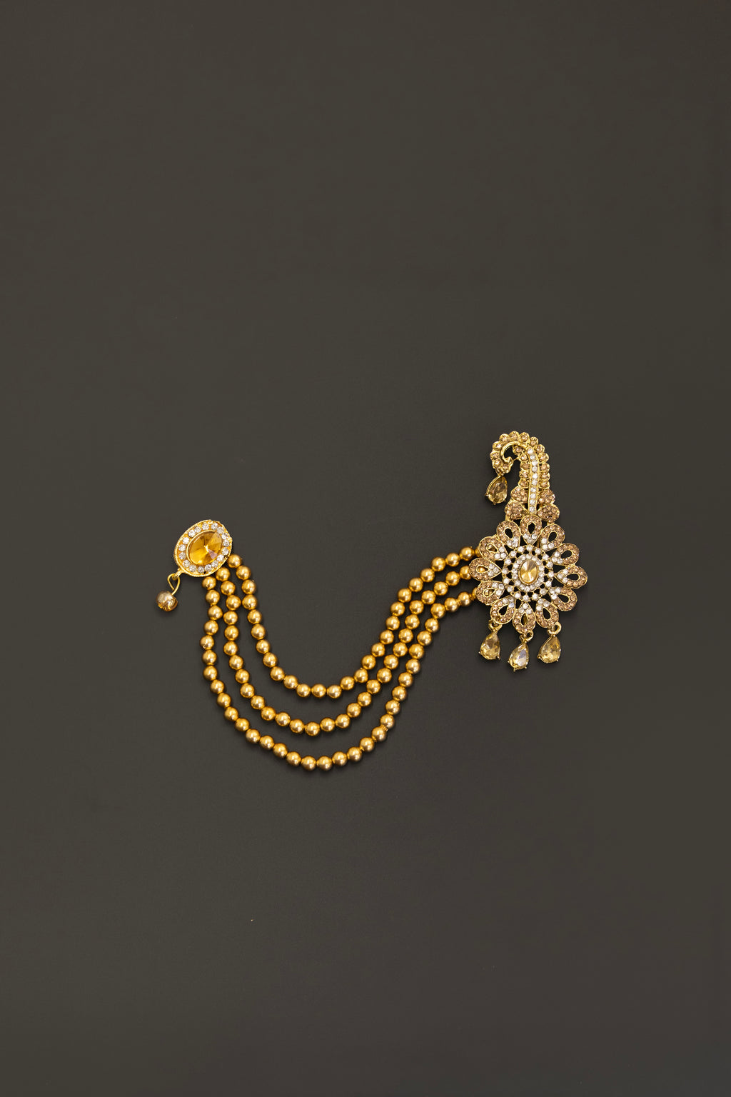 Golden Stones studed big sized Pagadi Brooch with golden Pearls Maala attachment for Batu\ Groom