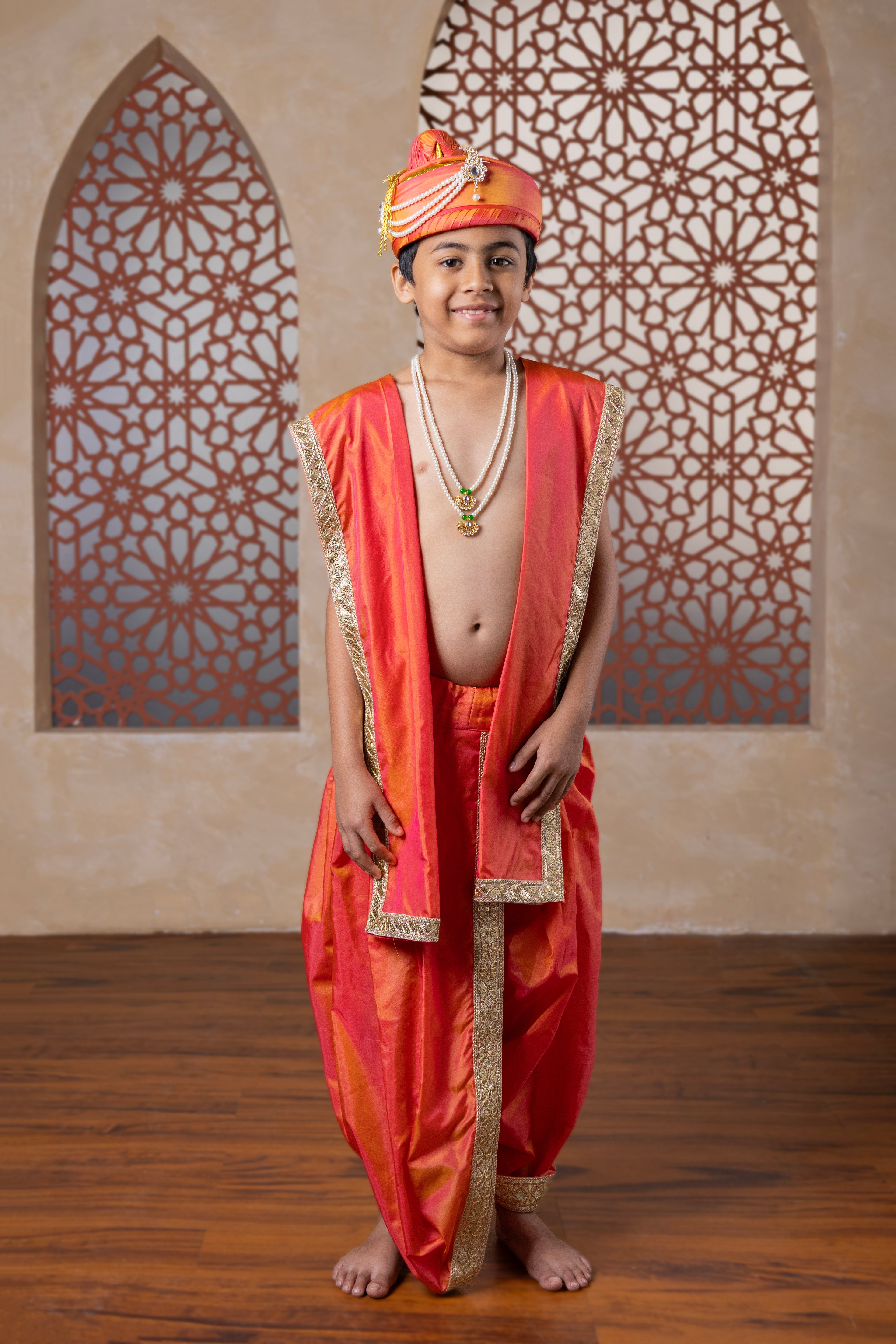 Carrot Pink mysore silk sovale Uparane set with golden sequined lace for Batu