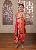 Blush Pink Mysore silk sovale uparane Blush Pink Mysore silk sovale uparane set with intricate Peacock Paithani border for Batu.Pre-stitched sovale uparane set includes Ready to wear Sovale & Uparane/Upavastra.Can be paired with a short kurta.This Set is ideal for rituals like Matrubhojan,Muhurt during Munj/Upanayan/Vratabandha/Thread Ceremony.