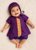 Kiran Set - Dark Purple Soft Brocade Silk front open Unisex Jhabala with muniya border teamed with matching bloomer and bonnet for newborn baby