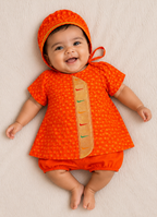 Kiran Set - Orange Soft Brocade Silk front open Unisex Jhabala with muniya border teamed with matching bloomer and bonnet for newborn baby