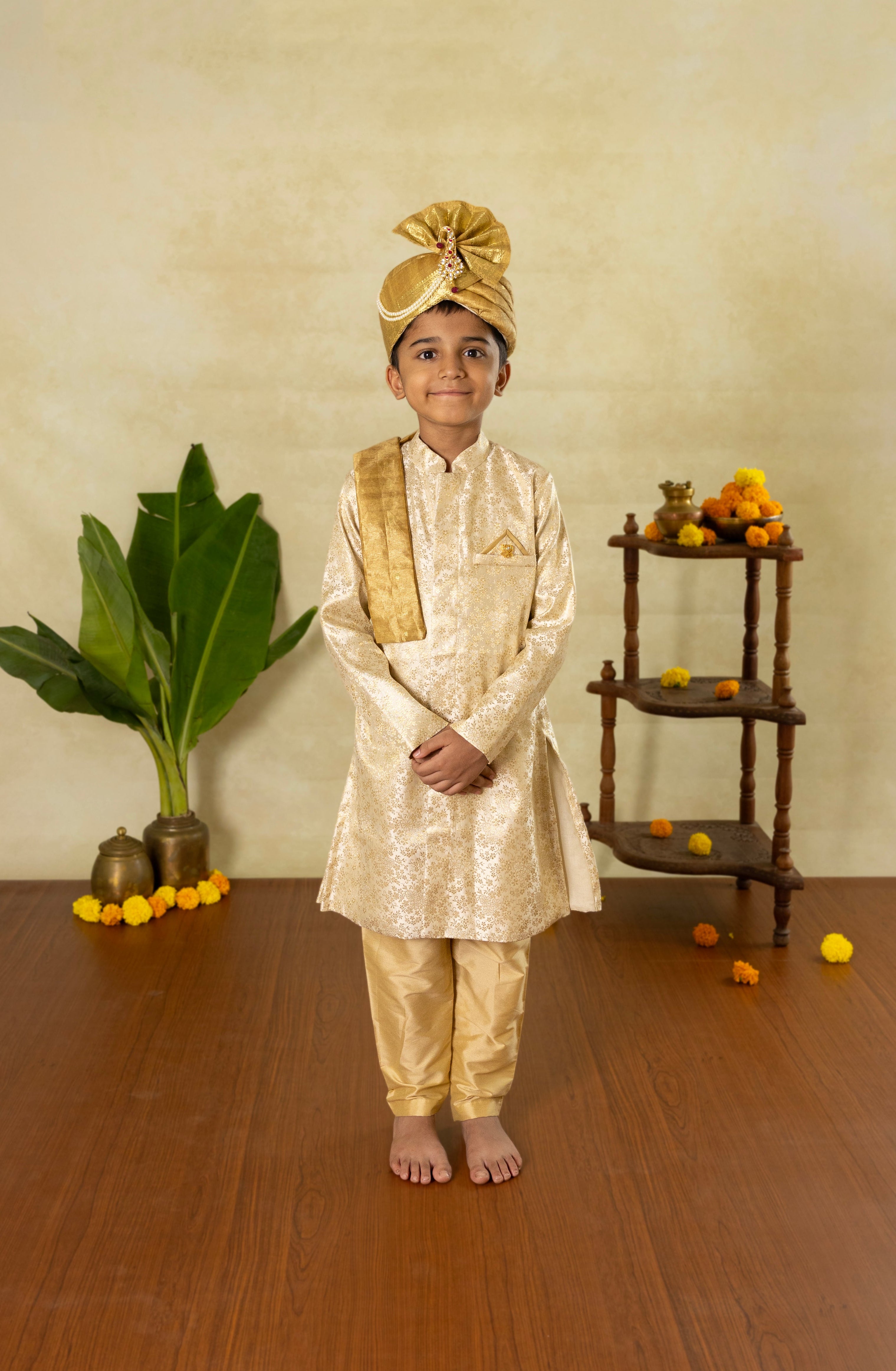 Ivory Gold premium handloom kimkhwab banarasi brocade silk sherwani set for Batu