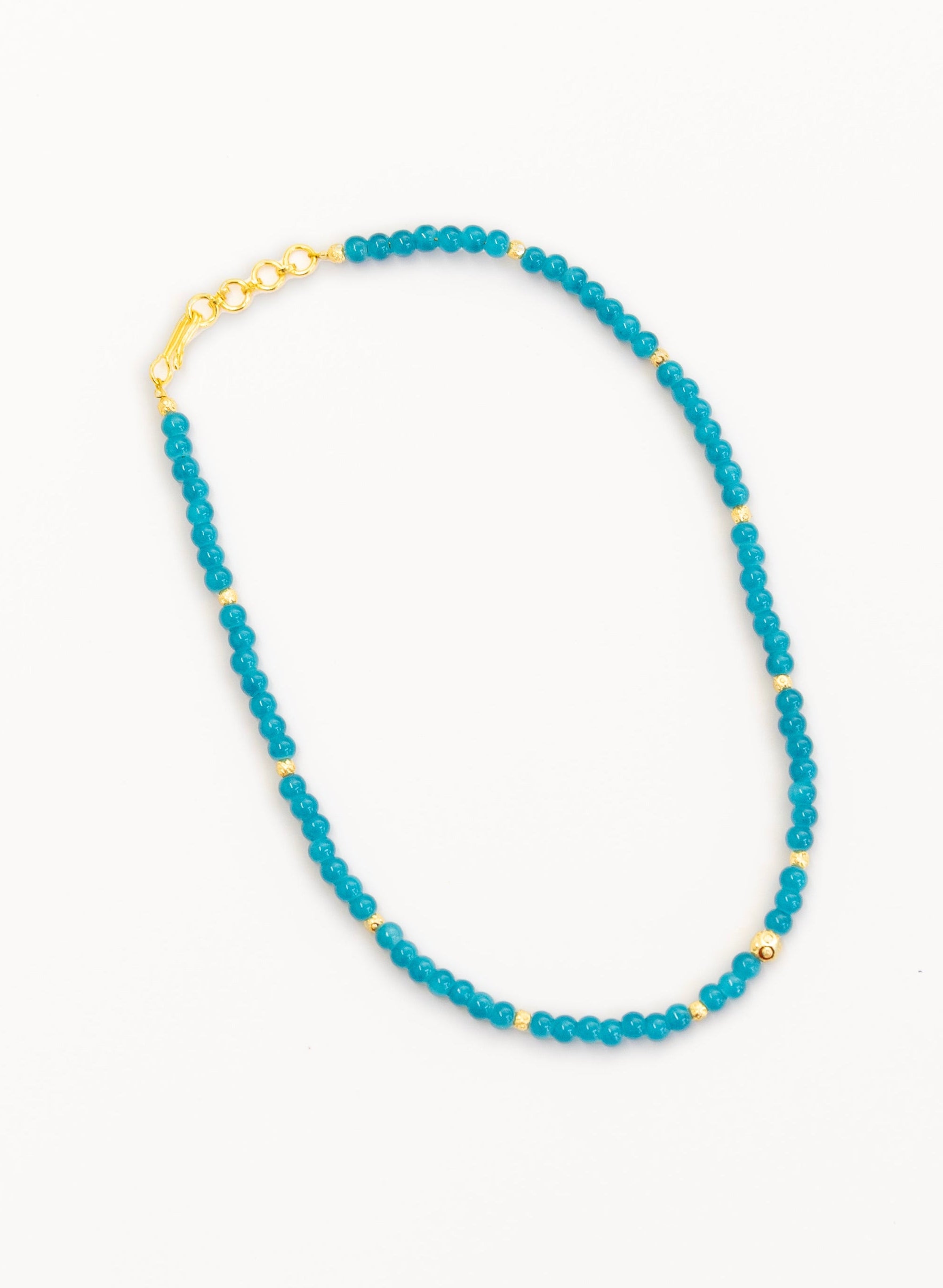 Turquoise blue glass beads necklace with golden findings and adjustable links and hook closure for Girls
