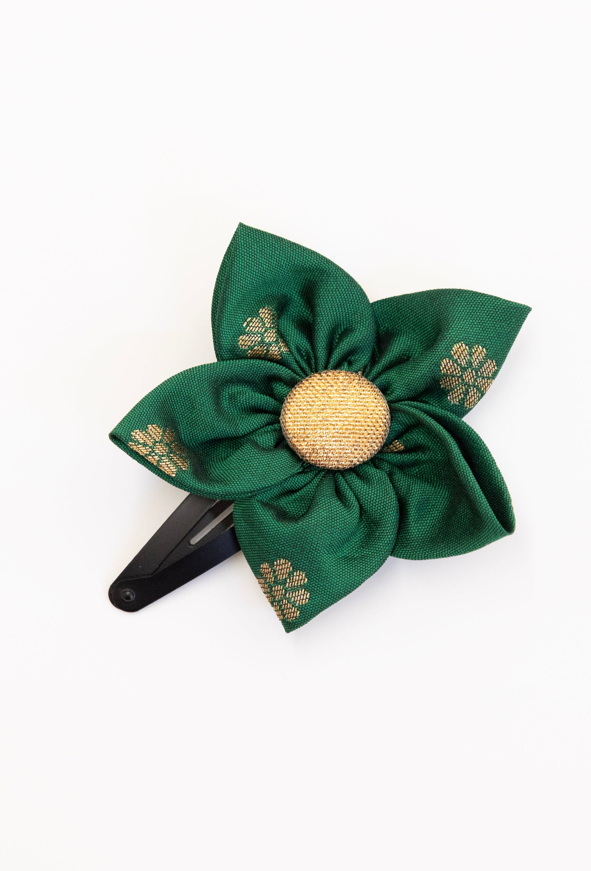 Dark Green Five petals handmade brocade silk fabric flower hairclip for girls