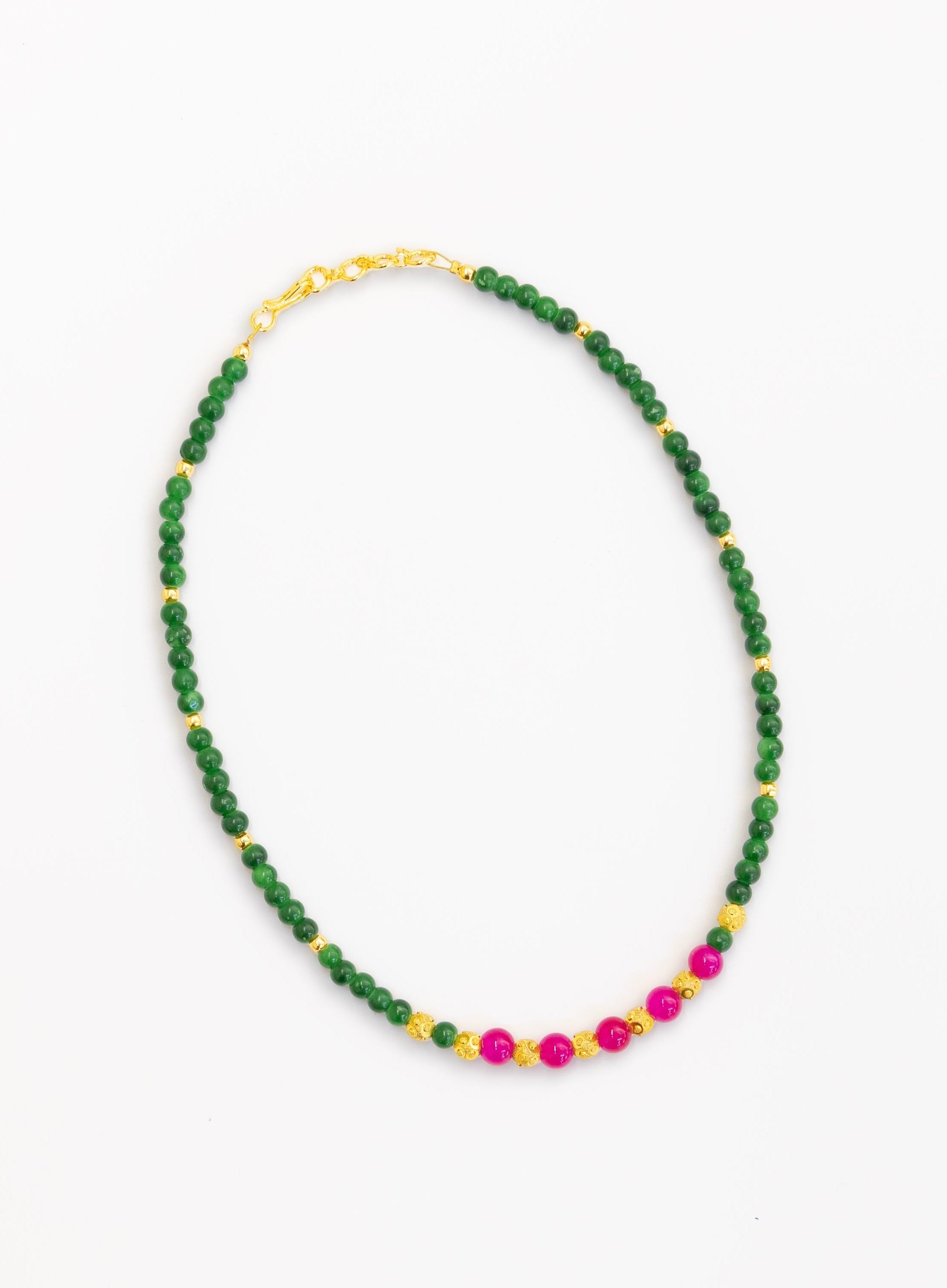 Green and Dark pink glass beads necklace with golden findings for Girls