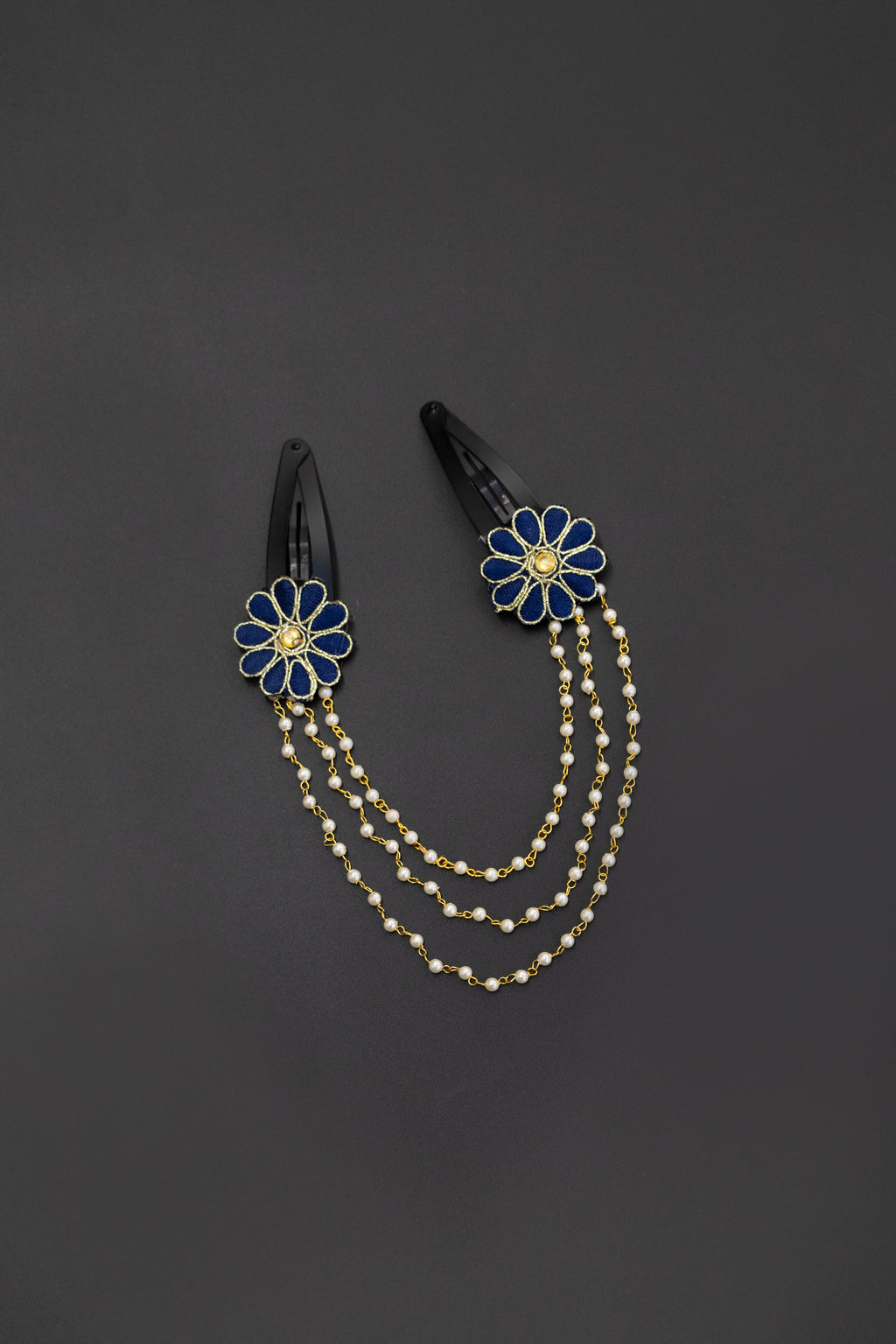 Triveni - Dark Blue two flowers triple layer Pearl chain Hair clips for Girls