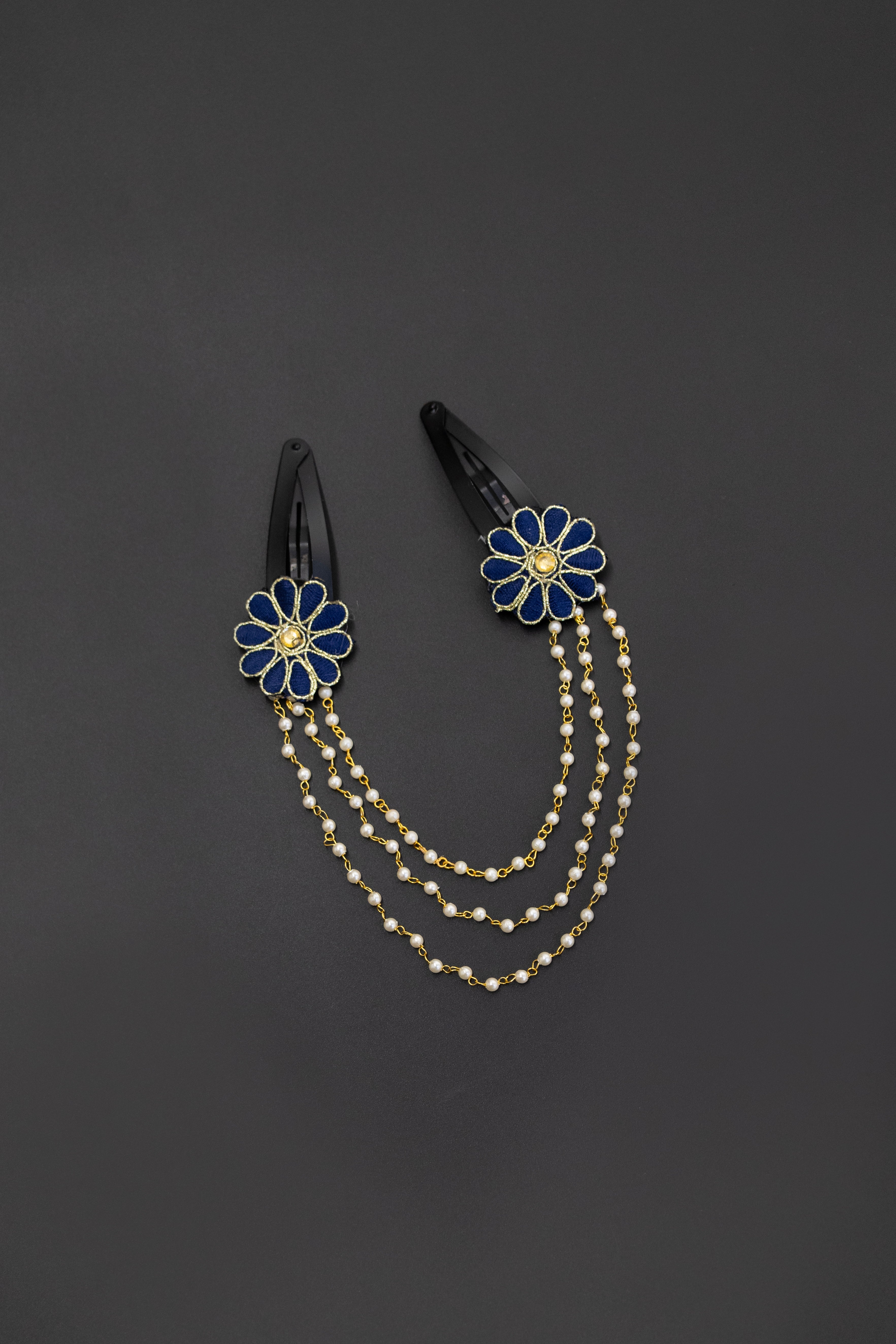 Triveni - Dark Blue two flowers triple layer Pearl chain Hair clips for Girls
