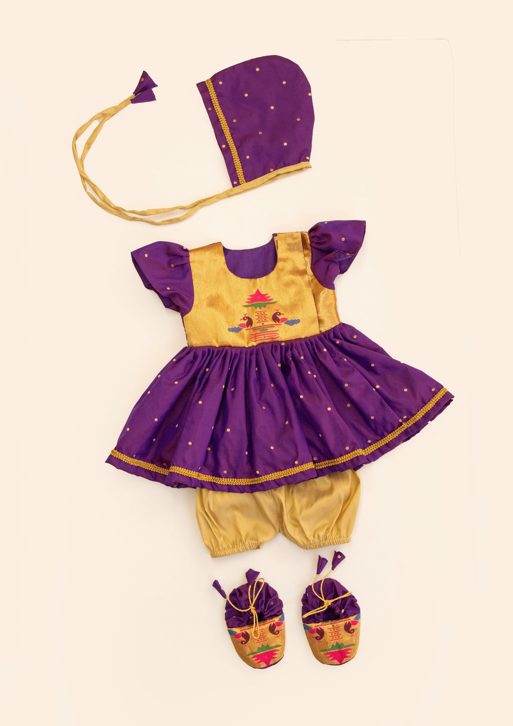 Radnyee Set - Purple Paithani Peacock Motif and delicate butta brocade silk,front open newborn dress for naming ceremony with coordinated bonnet, bloomer and booties