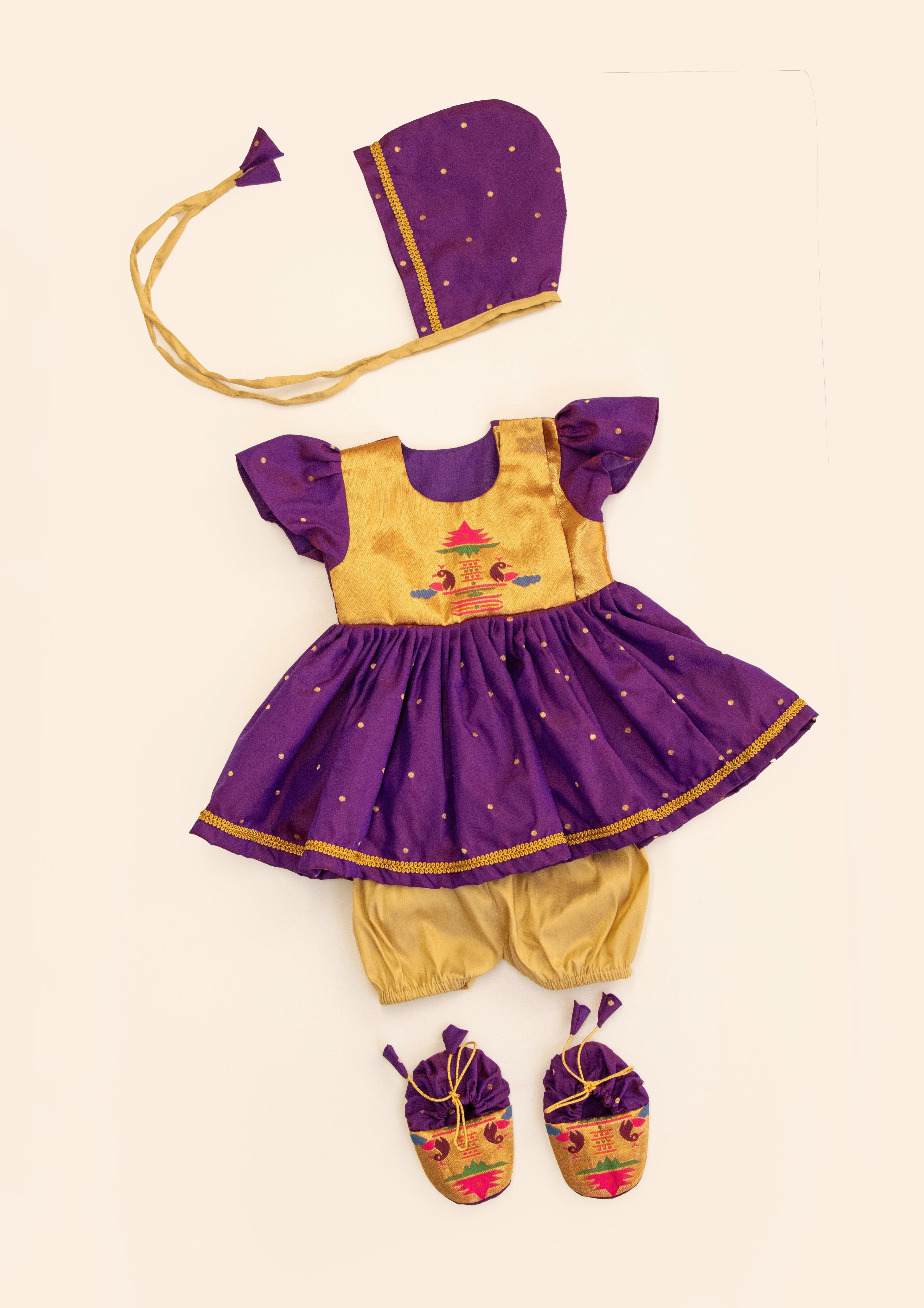 Radnyee Set - Purple Paithani Peacock Motif and delicate butta brocade silk,front open newborn dress for naming ceremony with coordinated bonnet, bloomer and booties