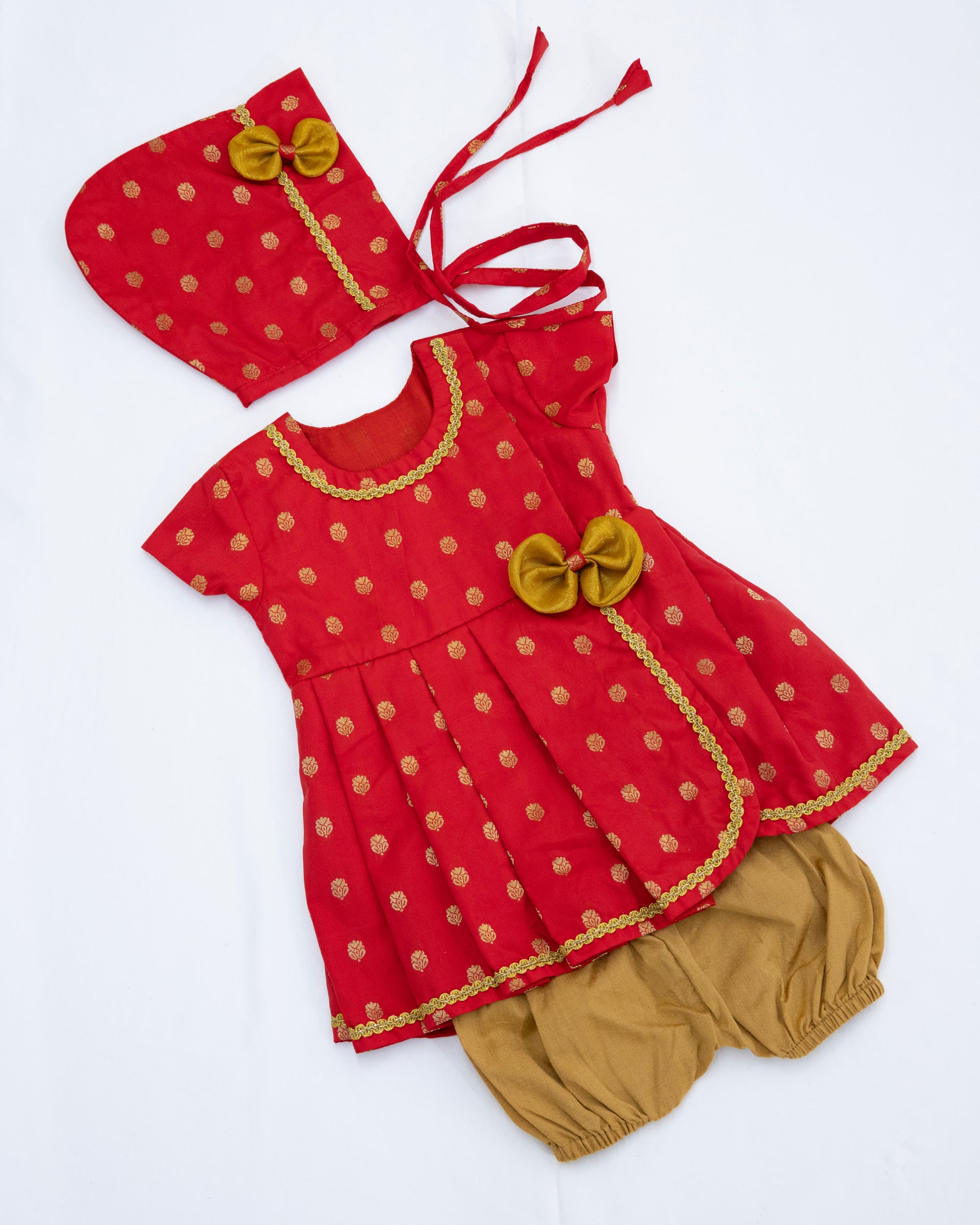 Anvi Set - Red Brocade silk front open box pleated Newborn dress with a cute little bow detailing