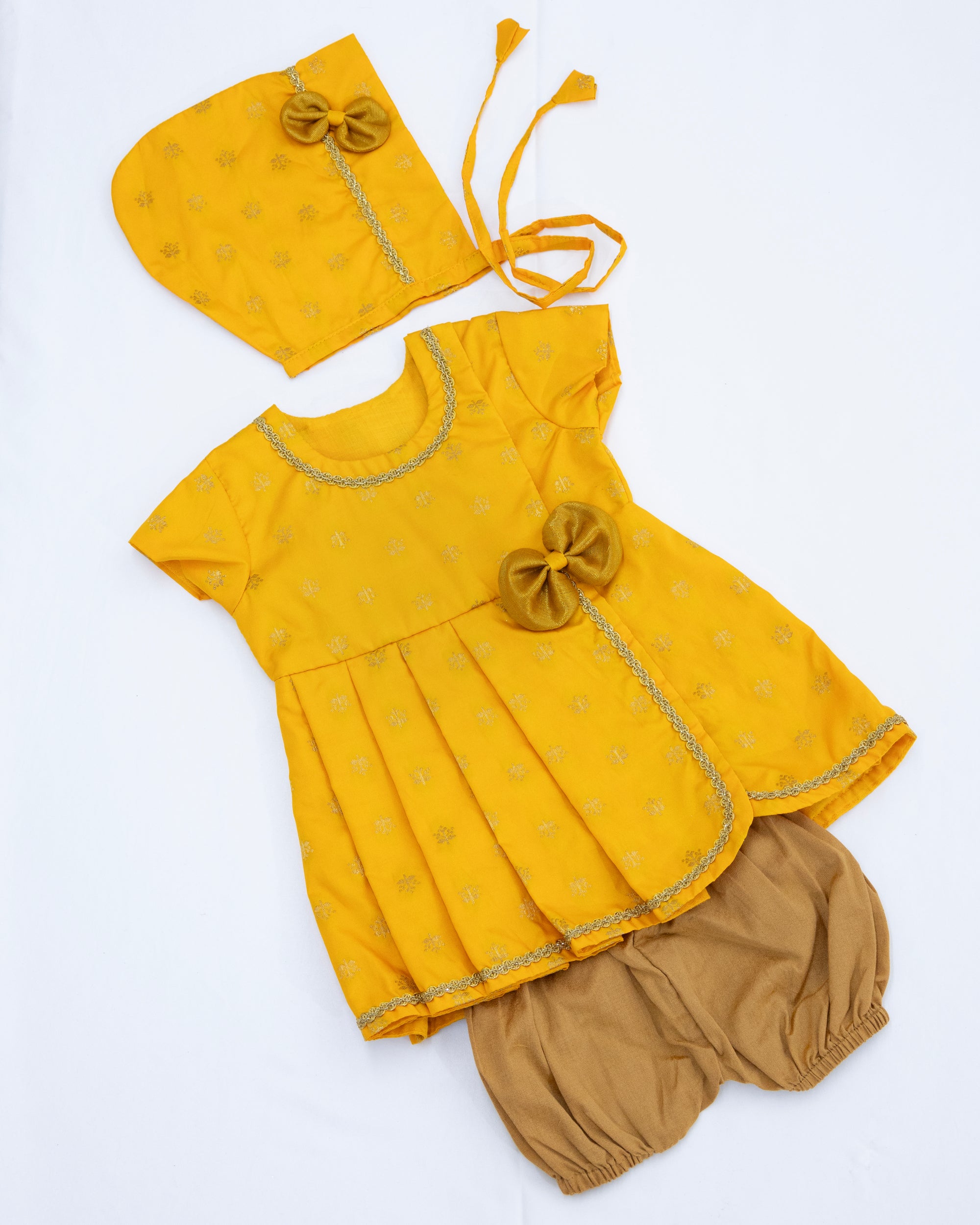 Anvi Set - Yellow Brocade silk front open box pleated Newborn dress with a cute little bow detailing