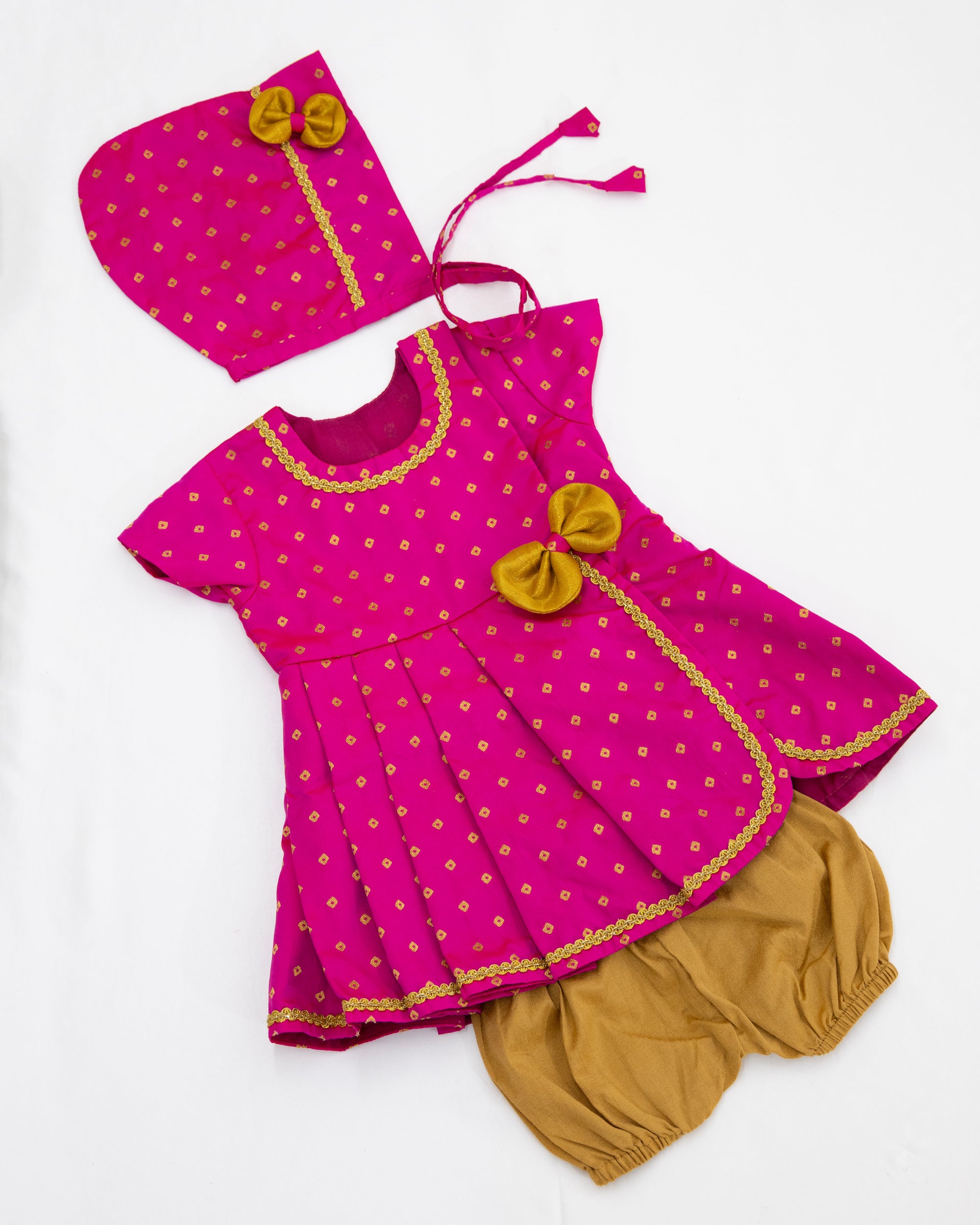 Anvi Set - Rani Pink Brocade silk front open box pleated Newborn dress with a cute little bow detailing