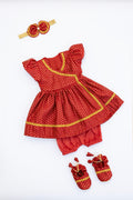 Laxmi Set - Red Pure handloom banarasi silk Dress and accessories set for a newborn baby girl.