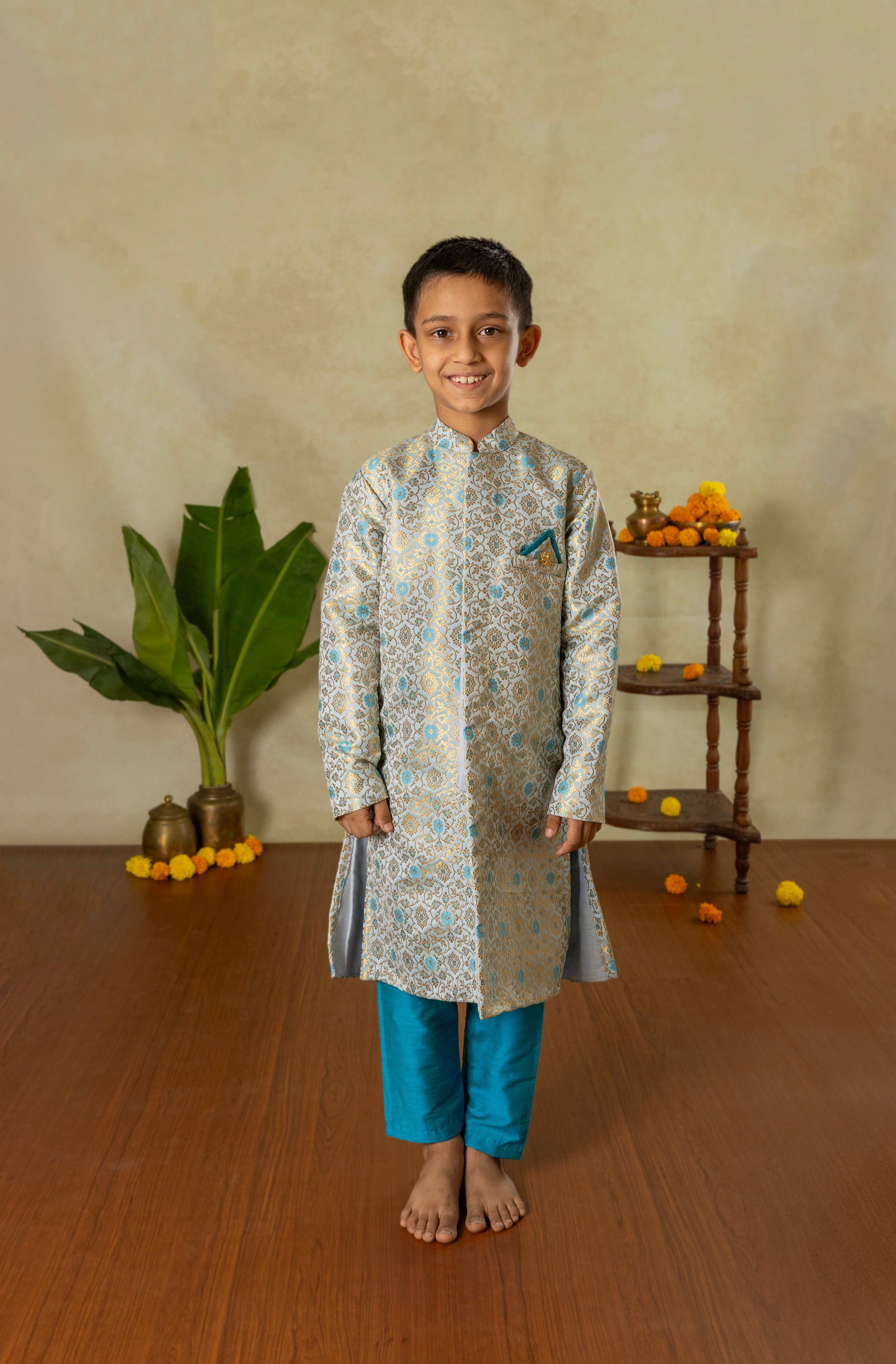 Sky blue premium handloom kimkhwab banarasi brocade silk sherwani set for Batu