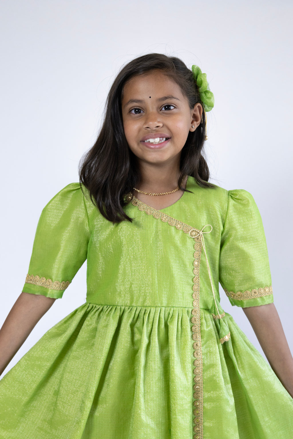 Parrot green tissue silk kotta angarkha frock / dress with golden lace embellishment for Girls