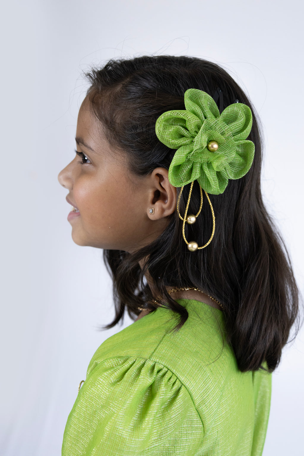 Parrot green tissue silk kotta angarkha frock / dress with golden lace embellishment for Girls